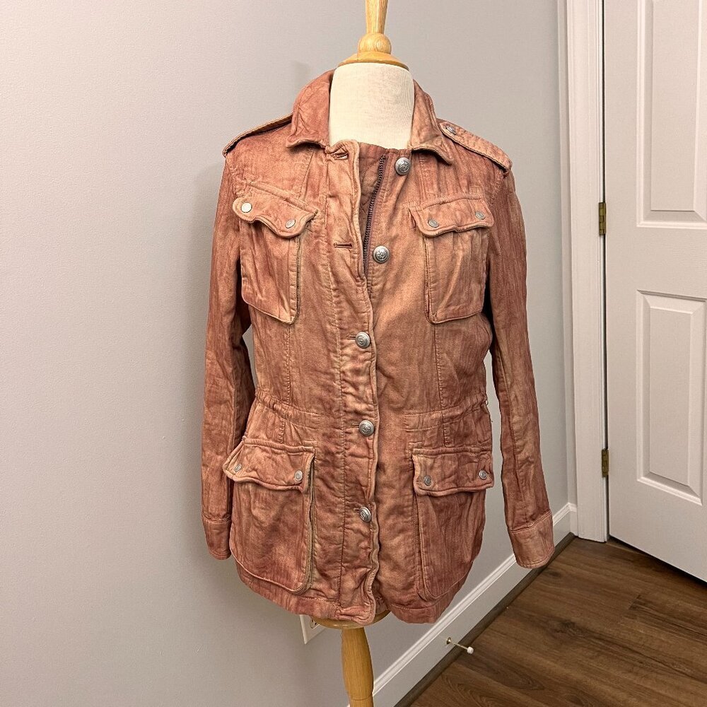 FREE PEOPLE Rose Pink Double Cloth Military Jacket Pockets Cinch Tie Waist Sz XS - Picture 2 of 15